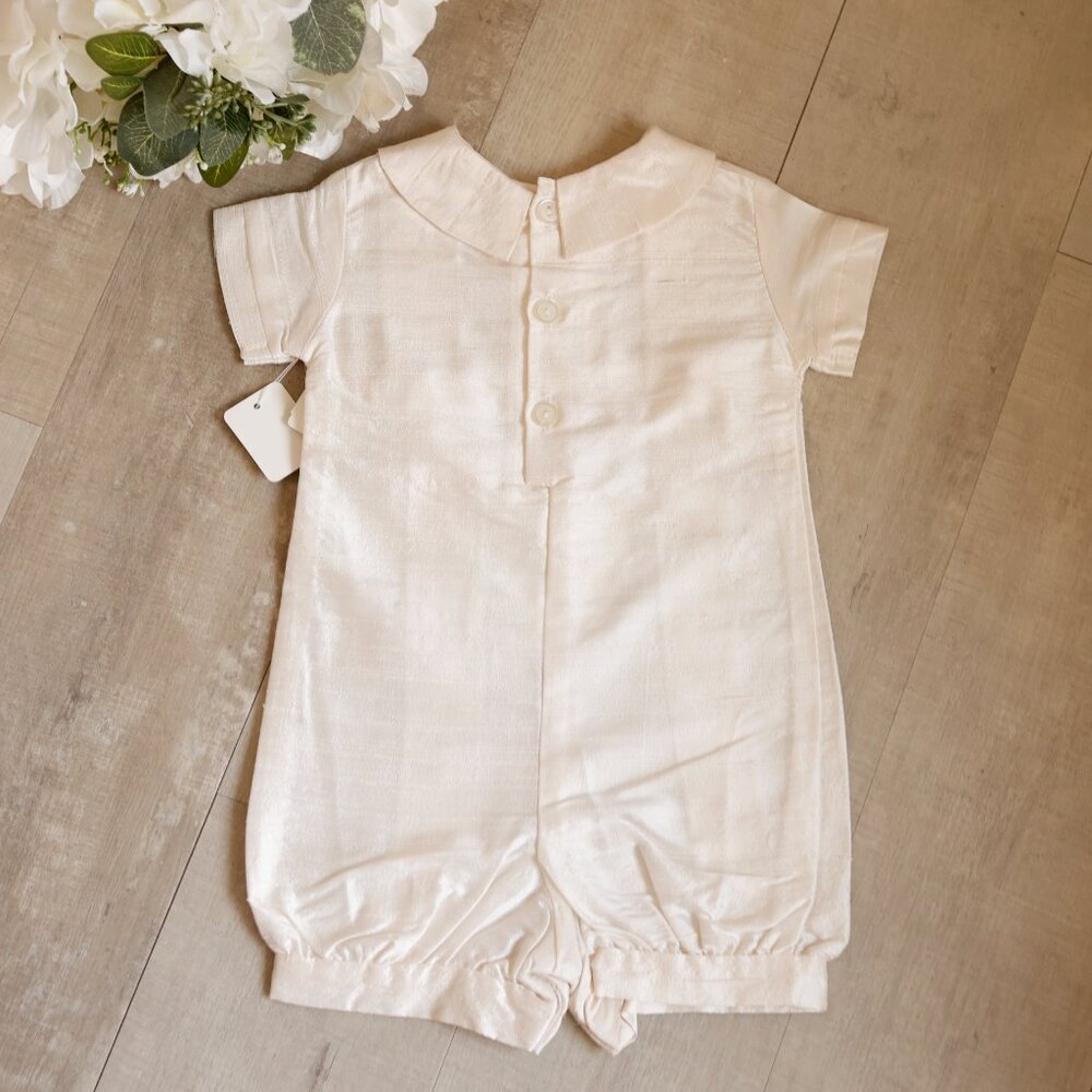 Boy's Ivory Dupioni Silk Special Occasion Romper Bonnet Set Vintage Heirloom NWT - Picture 5 of 7